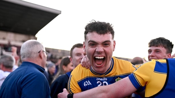 Ruairí Kilcline of Roscommon celebrates with supporters after his side's victory in the Dalata Hotel Group Connacht U20 Football Championship final match between Mayo and Roscommon at Tuam Stadium in Galway.