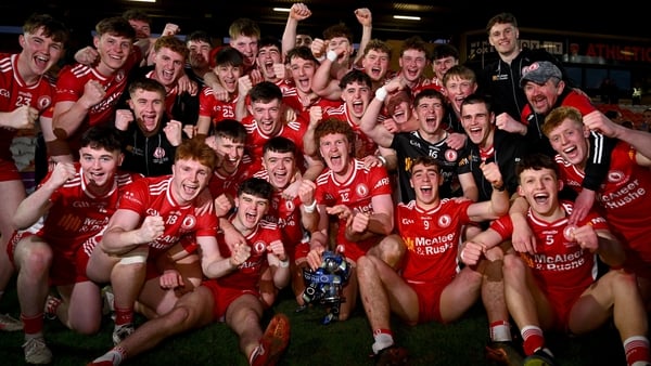 Tyrone players celebrate after their side's victory in the Dalata Hotel Group Ulster U20 Football Championship final match between Monaghan and Tyrone at BOX-IT Athletic Grounds in Armagh.