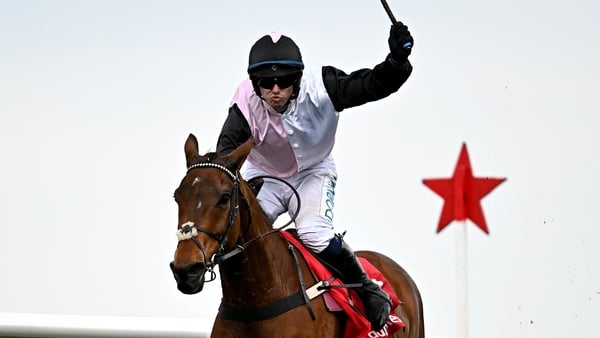Jockey Darragh O'Keeffe celebrates on Bob Olinger after winning the Ladbrokes Champion Stayers Hurdle during day three of the Punchestown Festival at Punchestown Racecourse in Kildare.