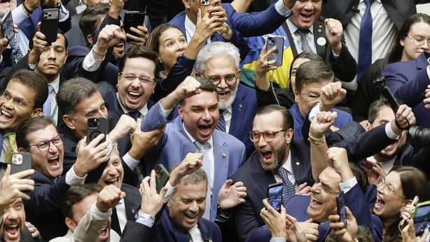 Senator Flavio Bolsonaro celebrates during the Brazilian National Congress session