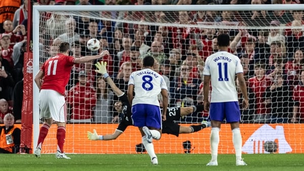 Nottingham Forest's Chris Wood scoring his side's first goal from the penalty spot during the UEFA Europa League 2025/26 Semi-Final First Leg match between Nottingham Forest FC and Aston Villa FC at City Ground on April 30, 2026 in Nottingham, England.