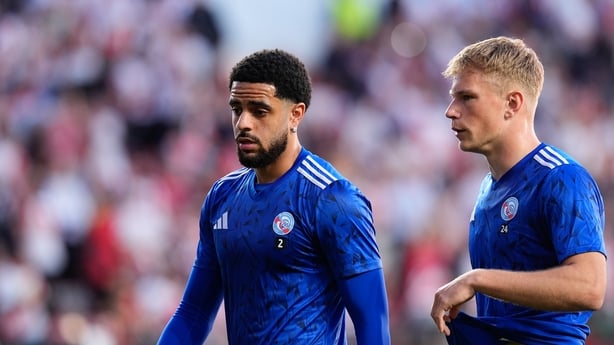 Lucas Hogsberg and Andrew Omobamidele of Strasbourg look on during the UEFA Conference League 2025/26 Semi Final First Leg match between Rayo Vallecano and RC Strasbourg Alsace at Estadio de Vallecas on April 30, 2026, in Madrid, Spain.