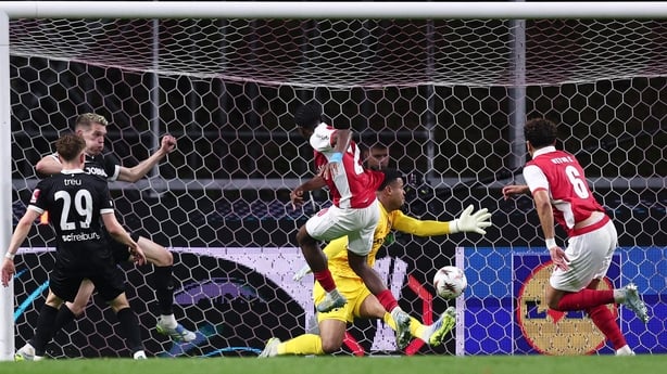 Mario Dorgeles of SC Braga scores his team's second goal during the UEFA Europa League 2025/26 Semi-Final First Leg match between SC Braga and Sport-Club Freiburg at Estadio Municipal de Braga on April 30, 2026 in Braga, Portugal