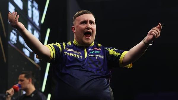 Luke Littler celebrates victory in his semi-final match against Michael van Gerwen in the BetMGM Premier League Darts at M&S Bank Arena on April 23, 2026 in Liverpool, England.