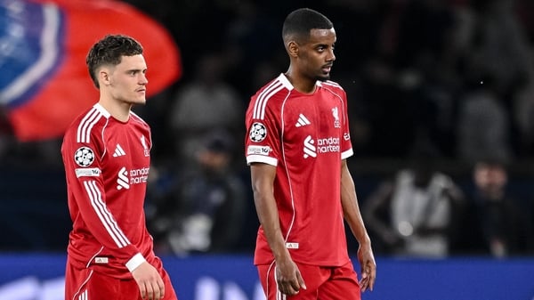 Paris, France - April 8: Florian Wirtz of Liverpool FC, Alexander Isak of Liverpool FC and Milos Kerkez of Liverpool FC look dejected during the UEFA Champions League 2025/26 Quarter-Final First Leg match between Paris Saint-Germain FC and Liverpool FC at