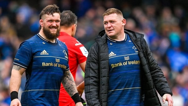 29 April 2023; Andrew Porter, left, and Tadhg Furlong of Leinster after the Heineken Champions Cup Semi Final match between Leinster and Toulouse at the Aviva Stadium in Dublin. Photo by Brendan Moran/Sportsfile