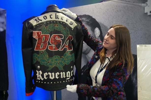 George Michael's photo-matched Faith music video and tour custom La Rocka leather jacket at the Music Memorabilia Live Auction collection at the Propstore auction house in London. Photo: Lucy North/PA Wire