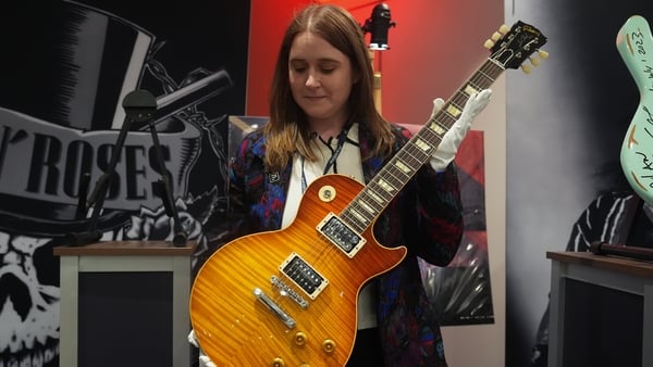 Slash's photo-matched Gibson Les Paul '59 Custom Shop Guitar at the Propstore auction house in London. Photo: Lucy North/PA Wire