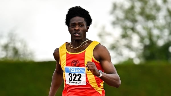 5 July 2025; Sean Aigboboh of Tallaght AC, Dublin, centre, on his way to winning the U23 men 100m, ahead of Craig Duffy of Clonliffe Harriers AC, Dublin, left, and Emmanuel Akinrolie of Titans AC, right, during the 123.ie National U20 & U23 Championships