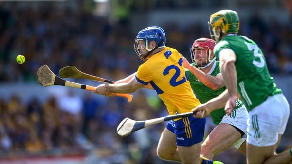21 April 2024; Shane O'Donnell of Clare is tackled by Barry Nash of Limerick during the Munster GAA Hurling Senior Championship Round 1 match between Clare and Limerick at Cusack Park in Ennis, Clare. Photo by John Sheridan/Sportsfile