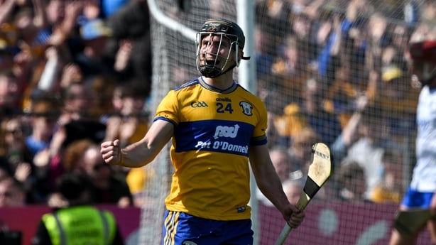 19 April 2026; Ian Galvin of Clare celebrates a late goal during the Munster GAA Senior Hurling Championship Round 1 match between Clare and Waterford at Zimmer Biomet Páirc Chíosóg in Ennis, Clare. Photo by Ray McManus/Sportsfile