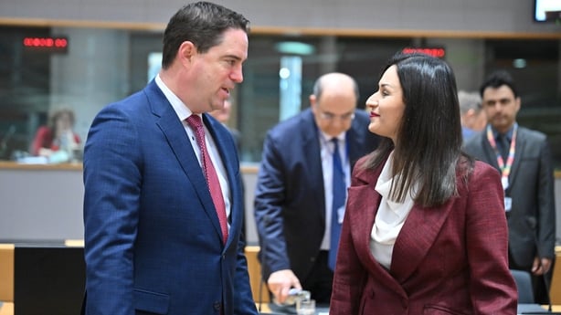 BRUSSELS, BELGIUM - MARCH 24: Greek Cypriot Minister of Agriculture Maria Panayiotou (R) and Irish Minister of Agriculture Martin Heydon (L) attend European Union (EU) Agriculture Ministers' Meeting in Brussels, Belgium on March 24, 2025. (Photo by Dursun Aydemir/Anadolu via Getty Images)
