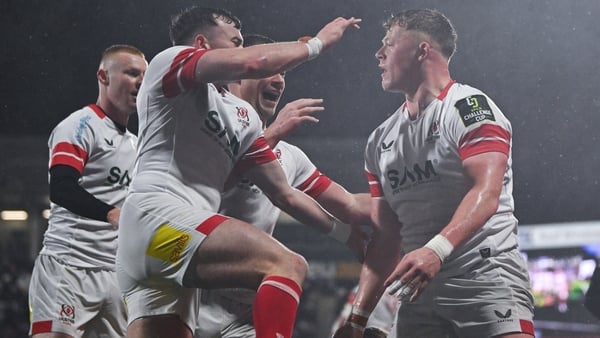10 April 2026; Bryn Ward of Ulster celebrates with teammates after scoring their side's fourth try during the EPCR Challenge Cup quarter-final match between Ulster and La Rochelle at Affidea Stadium in Belfast. Photo by Ramsey Cardy/Sportsfile
