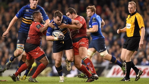 19 December 2015; Cian Healy, Leinster, is tackled by Steffon Armitage, left, and Anthony Etrillard, Toulon. European Rugby Champions Cup, Pool 5, Round 4, Leinster v RC Toulon. Aviva Stadium, Lansdowne Road, Dublin. Picture credit: Stephen McCarthy / SPO