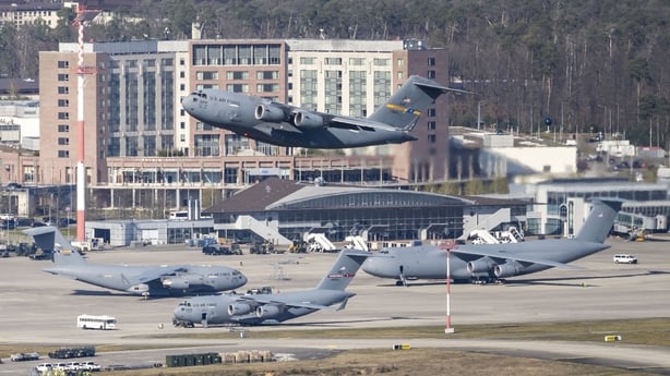 RAMSTEIN-MIESENBACH, GERMANY - APRIL 02: A Boeing C-17A globemaster III cargo plane of the U.S. Air Force takes off from Ramstein Air Base on April 02, 2026 in Ramstein-Miesenbach, Germany. Ramstein Air Base is an installation of the U.S. Air Force and is a major transit hub for U.S. troops and mate