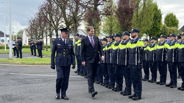 Justice Minister Jim O'Callaghan receives a guard of honour upon arrival at the Garda Training College in Templemore, Co Tipperary