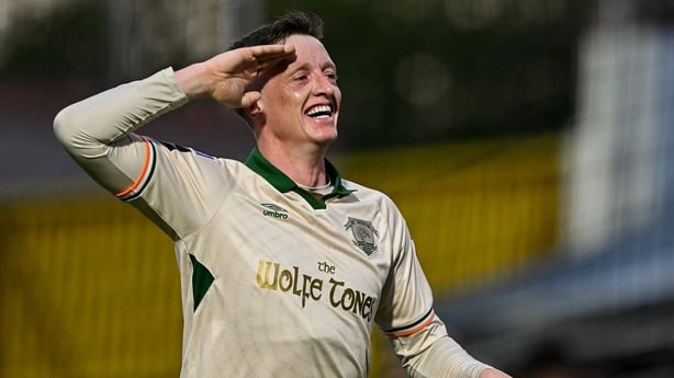 1 May 2026; Chris Forrester of St Patrick's Athletic celebrates scoring his side's second goal during the SSE Airtricity Men's Premier Division match between Galway United and St Patrick's Athletic at Eamonn Deacy Park in Galway. Photo by Piaras Ó Mídheach/Sportsfile