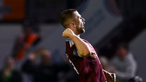 1 May 2026; Aaron Bolger of Galway United celebrates after scoring his side's second goal, deep into second half injury-time, during the SSE Airtricity Men's Premier Division match between Galway United and St Patrick's Athletic at Eamonn Deacy Park in Ga