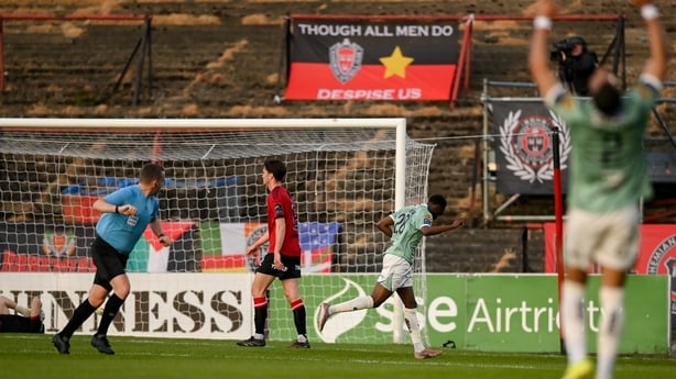 1 May 2026; James Olayinka of Derry City celebrates after scoring his side's first goal during the SSE Airtricity Men's Premier Division match between Bohemians and Derry City at Dalymount Park in Dublin. Photo by Stephen McCarthy/Sportsfile