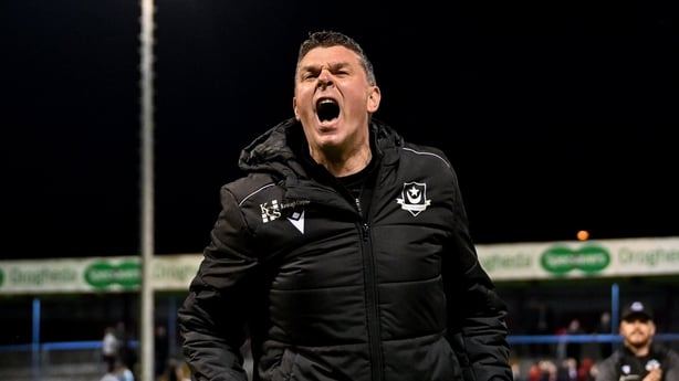 1 May 2026; Drogheda United manager Kevin Doherty celebrates after the SSE Airtricity Men's Premier Division match between Drogheda United and Sligo Rovers at Sullivan & Lambe Park in Drogheda, Louth. Photo by Paul Phelan/Sportsfile