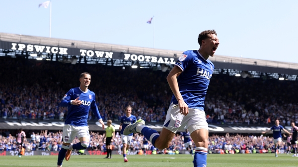 Kasey McAteer of Ipswich Town (R) after scoring against QPR - Championship, May 2026