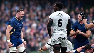 2 May 2026; Jack Conan of Leinster celebrates his side winning a scrum penalty during the Investec Champions Cup semi-final match between Leinster and RC Toulon at the Aviva Stadium in Dublin. Photo by Seb Daly/Sportsfile