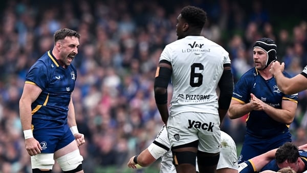 2 May 2026; Jack Conan of Leinster celebrates his side winning a scrum penalty during the Investec Champions Cup semi-final match between Leinster and RC Toulon at the Aviva Stadium in Dublin. Photo by Seb Daly/Sportsfile