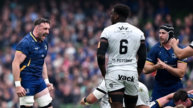 2 May 2026; Jack Conan of Leinster celebrates his side winning a scrum penalty during the Investec Champions Cup semi-final match between Leinster and RC Toulon at the Aviva Stadium in Dublin. Photo by Seb Daly/Sportsfile