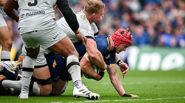 2 May 2026; Josh van der Flier of Leinster dives over to score his side's second try during the Investec Champions Cup semi-final match between Leinster and RC Toulon at the Aviva Stadium in Dublin. Photo by Seb Daly/Sportsfile