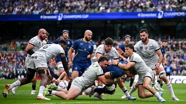 2 May 2026; Jack Conan of Leinster dives over to score his side's first try during the Investec Champions Cup semi-final match between Leinster and RC Toulon at the Aviva Stadium in Dublin. Photo by Seb Daly/Sportsfile
