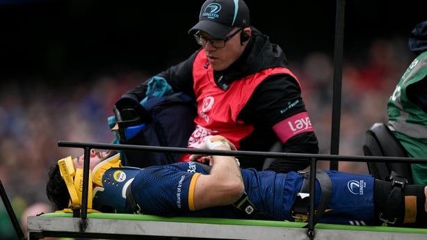 2 May 2026; Robbie Henshaw of Leinster is stretchered off of the putch during the Investec Champions Cup semi-final match between Leinster and RC Toulon at the Aviva Stadium in Dublin. Photo by Brendan Moran/Sportsfile