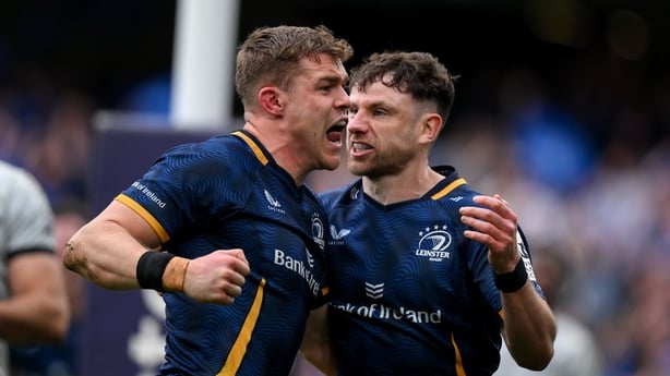 2 May 2026; Garry Ringrose of Leinster, left, celebrates with teammate Hugo Keenan after scoring their side's third try during the Investec Champions Cup semi-final match between Leinster and RC Toulon at the Aviva Stadium in Dublin. Photo by Brendan Moran/Sportsfile
