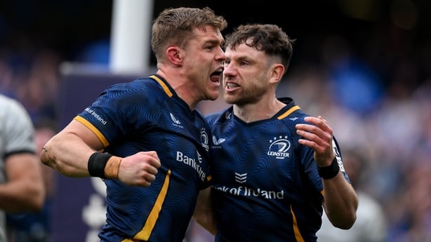 2 May 2026; Garry Ringrose of Leinster, left, celebrates with teammate Hugo Keenan after scoring their side's third try during the Investec Champions Cup semi-final match between Leinster and RC Toulon at the Aviva Stadium in Dublin. Photo by Brendan Moran/Sportsfile