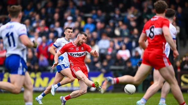 2 May 2026; Niall Loughlin of Derry shoots to score his side's first goal during the Ulster GAA Football Senior Championship semi-final match between Derry and Monaghan at BOX-IT Athletic Grounds in Armagh. Photo by Shauna Clinton/Sportsfile