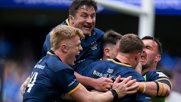 2 May 2026; Garry Ringrose of Leinster, right, celebrates with teammates including Tommy O'Brien, left, after scoring their side's third try during the Investec Champions Cup semi-final match between Leinster and RC Toulon at the Aviva Stadium in Dublin.