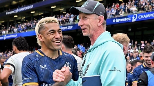 2 May 2026; Rieko Ioane of Leinster and head coach Leo Cullen after the Investec Champions Cup semi-final match between Leinster and RC Toulon at the Aviva Stadium in Dublin. Photo by Brendan Moran/Sportsfile