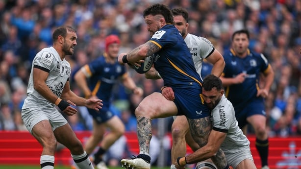 2 May 2026; Andrew Porter of Leinster is tackled by Charles Ollivon of RC Toulon during the Investec Champions Cup semi-final match between Leinster and RC Toulon at the Aviva Stadium in Dublin. Photo by Brendan Moran/Sportsfile