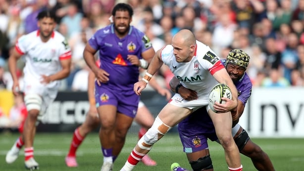 Ulster's Jacob Stockdale is tackled by Exeter Chiefs' Christ Tshiunza during the EPCR Challenge Cup semi-final match at the Affidea Stadium, Belfast. Picture date: Saturday May 2, 2026.