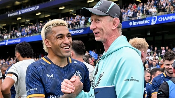 2 May 2026; Rieko Ioane of Leinster and head coach Leo Cullen after the Investec Champions Cup semi-final match between Leinster and RC Toulon at the Aviva Stadium in Dublin. Photo by Brendan Moran/Sportsfile