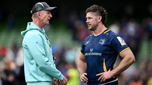 2 May 2026; Leinster head coach Leo Cullen and Leinster captain Caelan Doris after the Investec Champions Cup semi-final match between Leinster and RC Toulon at the Aviva Stadium in Dublin. Photo by Seb Daly/Sportsfile