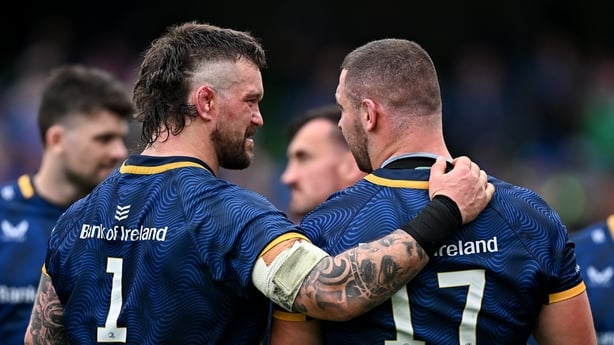 2 May 2026; Andrew Porter, left, and Jerry Cahir of Leinster after the Investec Champions Cup semi-final match between Leinster and RC Toulon at the Aviva Stadium in Dublin. Photo by Seb Daly/Sportsfile