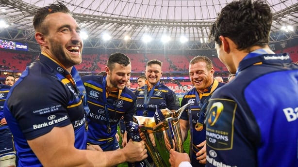 12 May 2018; Leinster's Jack Conan, Robbie Henshaw, Andrew Porter, Sean Cronin and Joey Carbery following their victory in the European Rugby Champions Cup Final match between Leinster and Racing 92 at the San Mames Stadium in Bilbao, Spain. Photo by Ramsey Cardy/Sportsfile