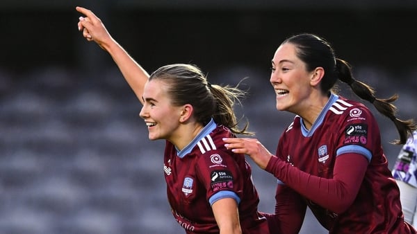 28 March 2026; Emma Doherty of Galway United, left, celebrates with team-mate Aoibhin Donnelly after scoring their side's second goal during the SSE Airtricity Women's Premier Division match between Galway United and Wexford at Eamonn Deacy Park in Galway
