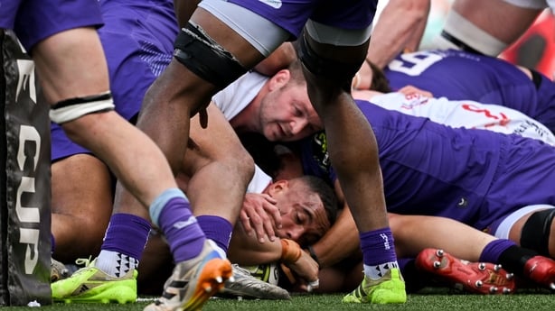 2 May 2026; Juarno Augustus of Ulster scores his side's first try during the EPCR Challenge Cup semi-final match between Ulster and Exeter Chiefs at Affidea Stadium in Belfast. Photo by Ramsey Cardy/Sportsfile