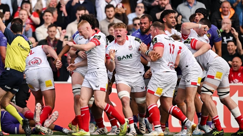 2 May 2026; Ulster players, including Bryn Ward, celebrate their side's fourth try, scored by Tom Stewart, during the EPCR Challenge Cup semi-final match between Ulster and Exeter Chiefs at Affidea Stadium in Belfast. Photo by Ramsey Cardy/Sportsfile