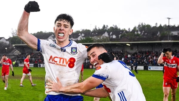 Monaghan players Bobby McCaul, left, and Cameron Dowd after win over Derry in 2026 Ulster semi-final