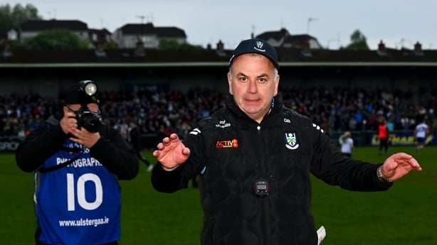 2 May 2026; Monaghan manager Gabriel Bannigan ushers people off the pitch as the game is mistakenly called to an end during the Ulster GAA Football Senior Championship semi-final match between Derry and Monaghan at BOX-IT Athletic Grounds in Armagh. Photo by Shauna Clinton/Sportsfile