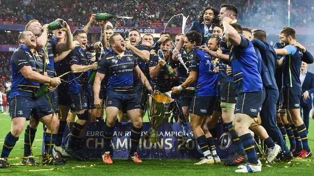 12 May 2018; The Leinster team celebrate with the cup after the European Rugby Champions Cup Final match between Leinster and Racing 92 at the San Mames Stadium in Bilbao, Spain. Photo by Brendan Moran/Sportsfile