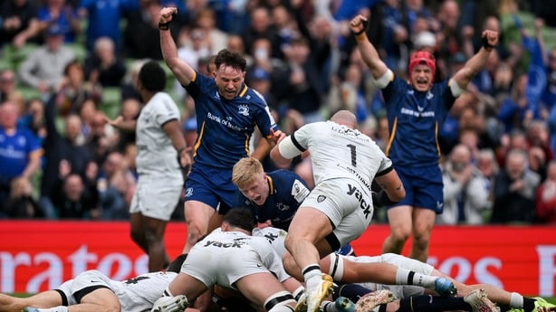 2 May 2026; Tommy O'Brien, centre, and Hugo Keenan of Leinster, left, of Leinster celebrate after teammate Jack Conan, not pictured, scores their first try during the Investec Champions Cup semi-final match between Leinster and RC Toulon at the Aviva Stadium in Dublin. Photo by Brendan Moran/Sportsf