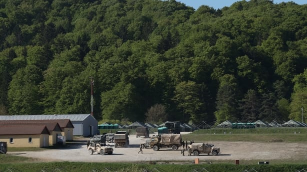 HOHENFELS, GERMANY - APRIL 30: Soldiers and equipment stand at one of the many facilities at the U.S. Army 7th Army Training Command Joint Multinational Readiness Center during the "Combined Resolve" military exercise on April 30, 2026 in Hohenfels, Germany. The 7th Army Training Command Joint Multi